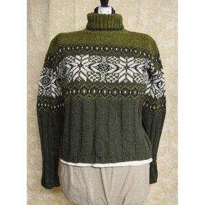 VTG 90s Green Winter Sweater Snowflakes Turtleneck Womens Medium Cozycore Y2K